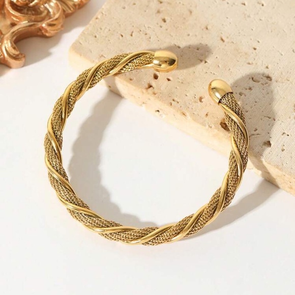 Gold Plated Stainless Steel Braided Cuff Bracelet | Adjustable Open Bangle - Picture 1 of 3